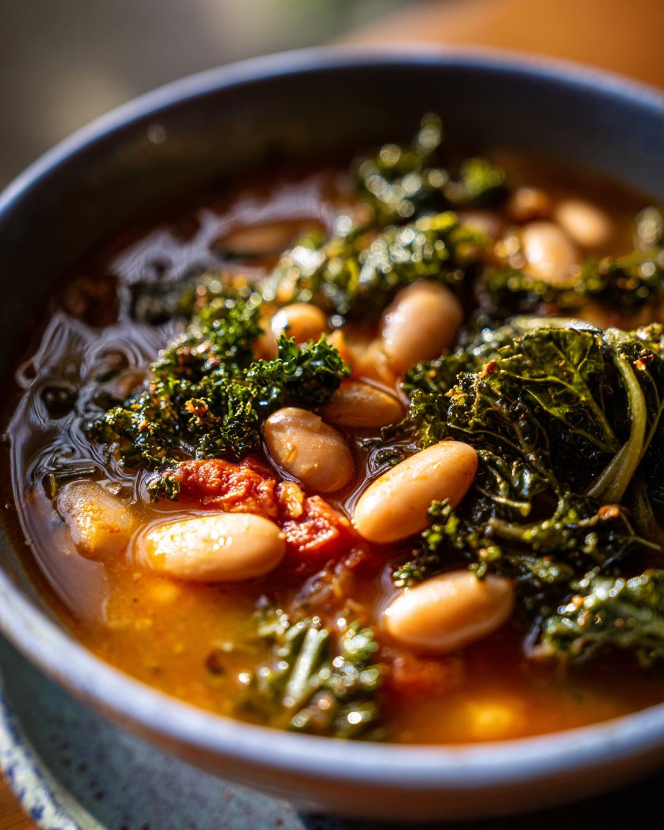 Close-up of a bowl of Tuscan White Bean & Kale Soup, with white beans, kale, and broth.