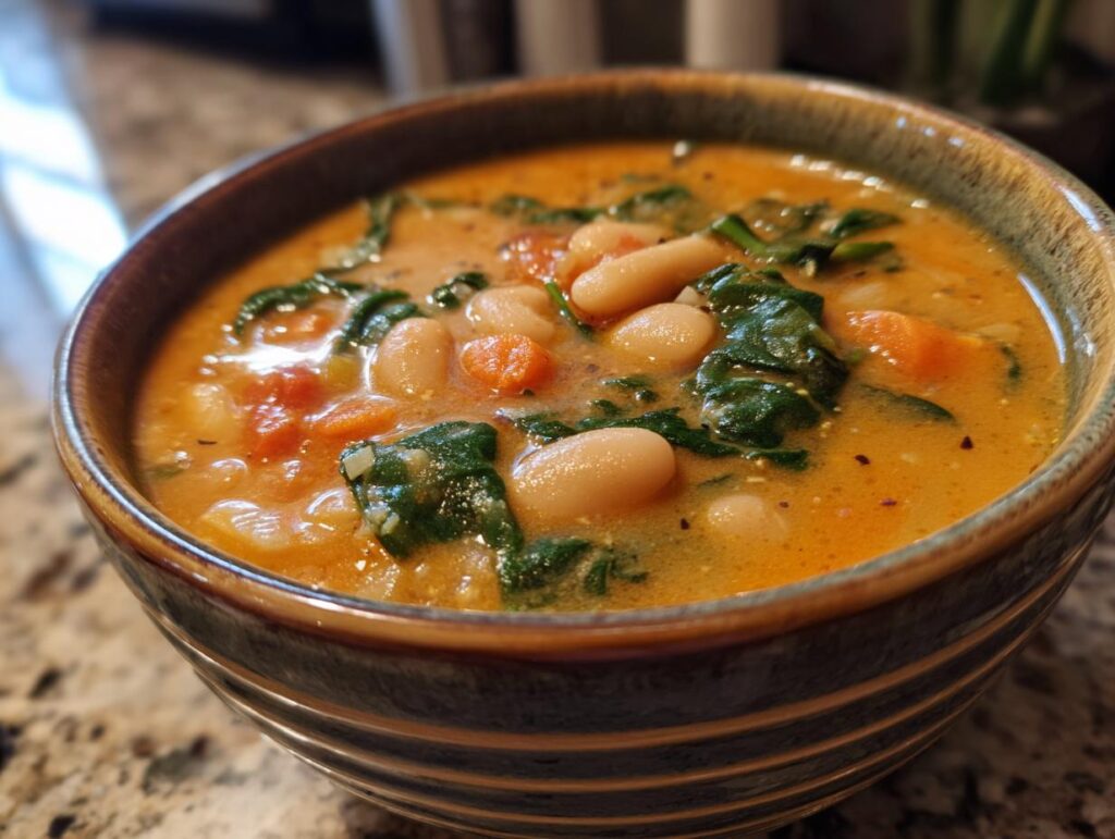 Close-up of a bowl of Tuscan White Bean & Spinach Soup, with beans, spinach, and carrots.