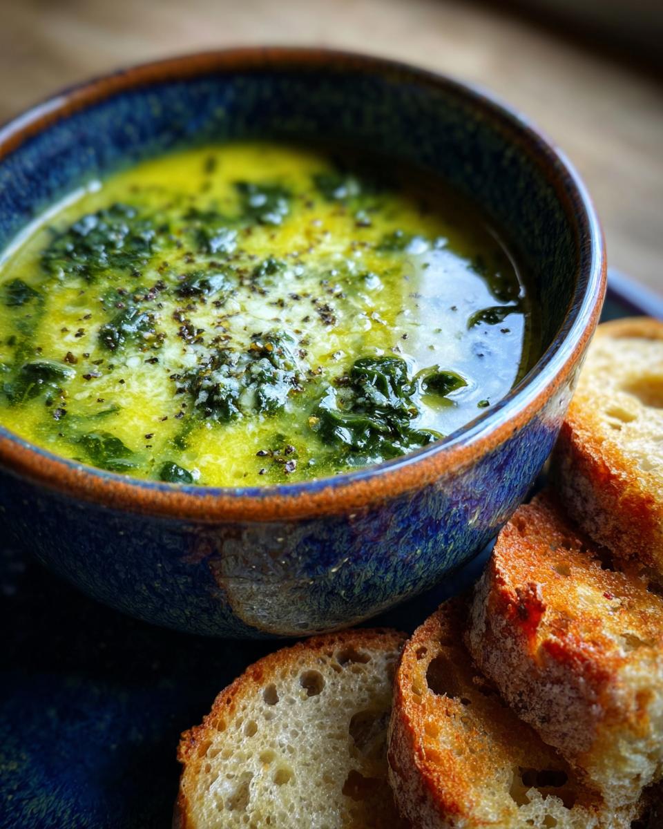 Close-up of Tuscan White Bean & Spinach Soup in a blue bowl with toasted bread slices.