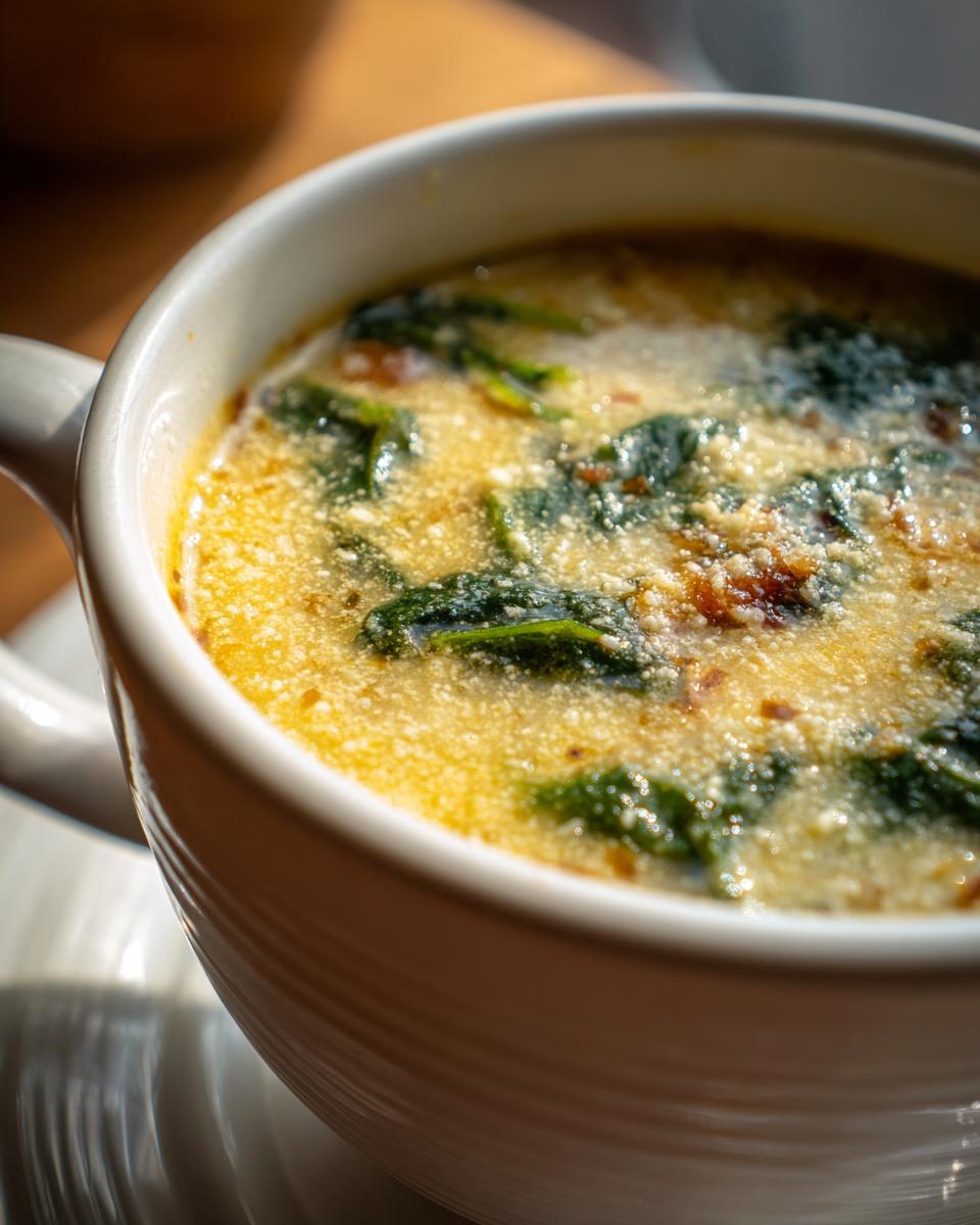 Close-up of a bowl of Tuscan White Bean & Spinach Soup, showing spinach and broth.