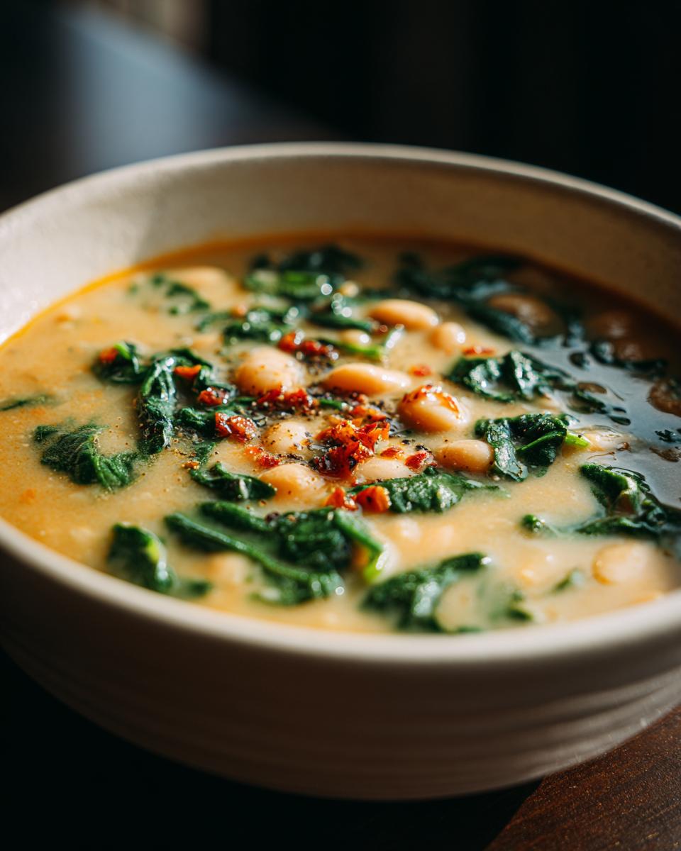 Close-up of a bowl of Tuscan White Bean & Spinach Soup, with white beans, spinach, and seasoning.