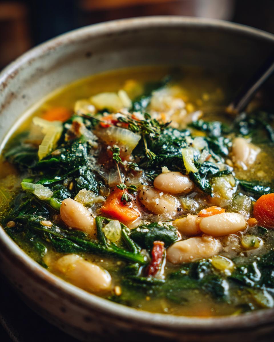 Close-up of a bowl of Tuscan White Bean & Spinach Soup, with beans, spinach, and herbs.