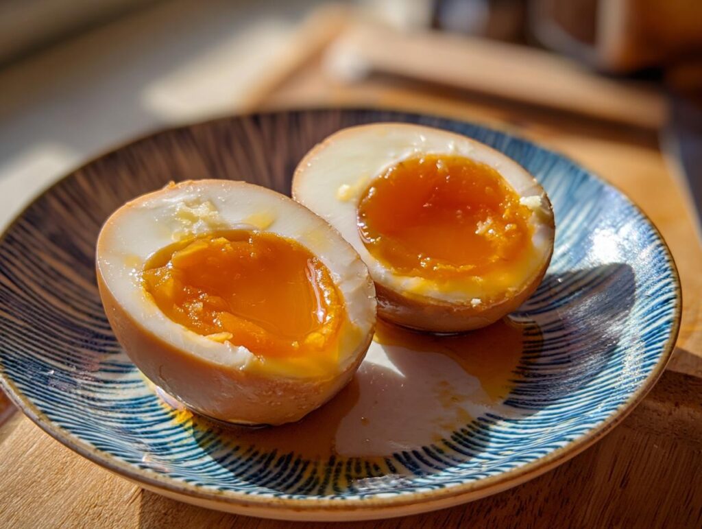Close-up of a perfectly cooked egg cut in half, ready to be added to an Upgraded Ramen Bowl with Garlic Butter.