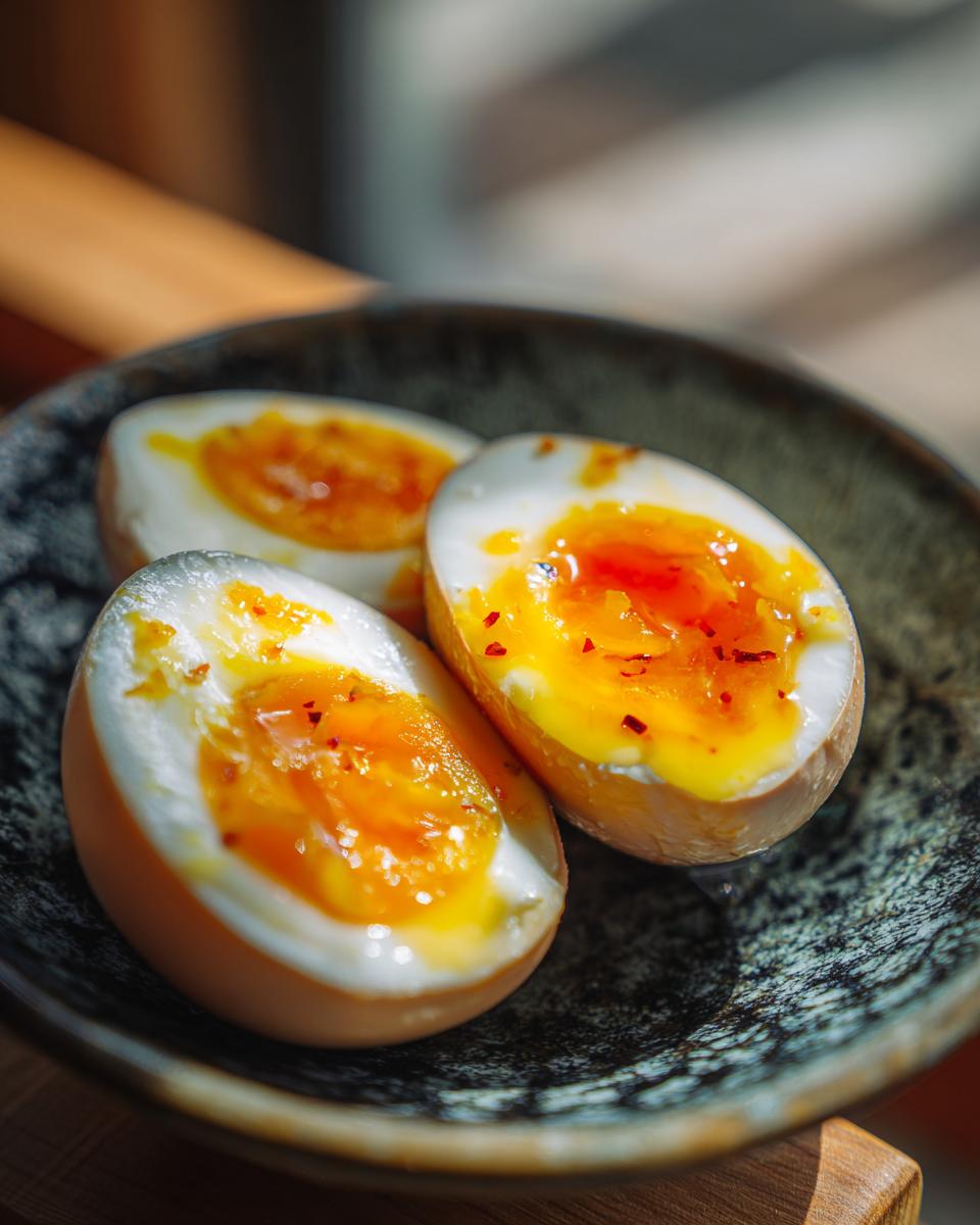 Close-up of soft boiled eggs, a key ingredient for the Upgraded Ramen Bowl with Garlic Butter.