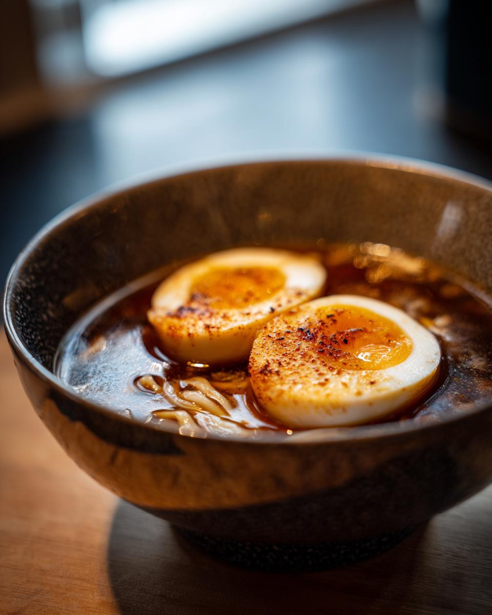 Close-up of an Upgraded Ramen Bowl with Garlic Butter, featuring soft-boiled eggs and noodles.