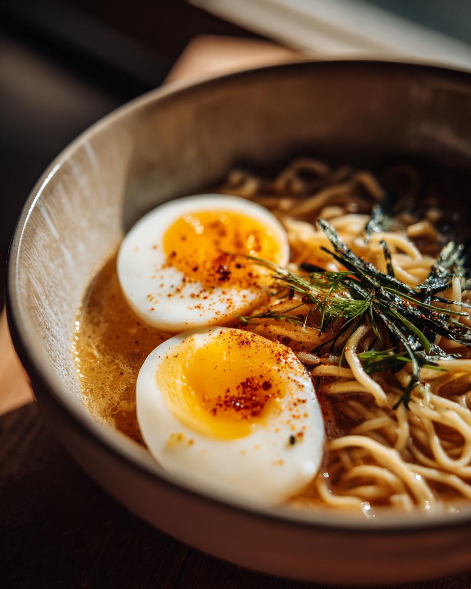 Close-up of an Upgraded Ramen Bowl with Garlic Butter, featuring soft-boiled eggs and noodles.