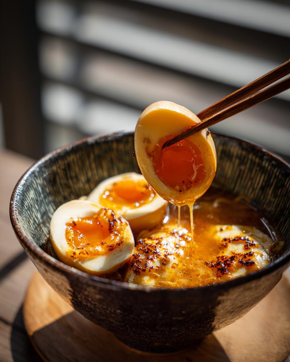 Close-up of an Upgraded Ramen Bowl with Garlic Butter, showing a soft-boiled egg being lifted with chopsticks.