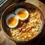 Close-up of an Upgraded Ramen Bowl with Garlic Butter, featuring noodles and a soft-boiled egg.