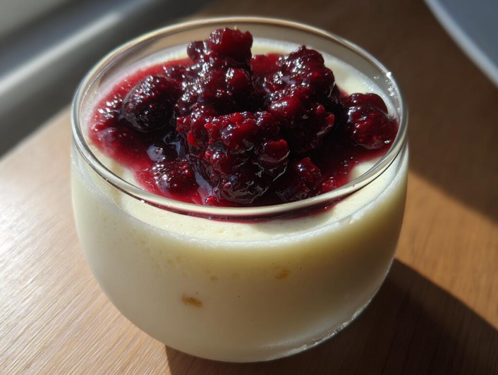 A serving of creamy Vanilla Bean Panna Cotta topped with a vibrant berry compote in a glass.