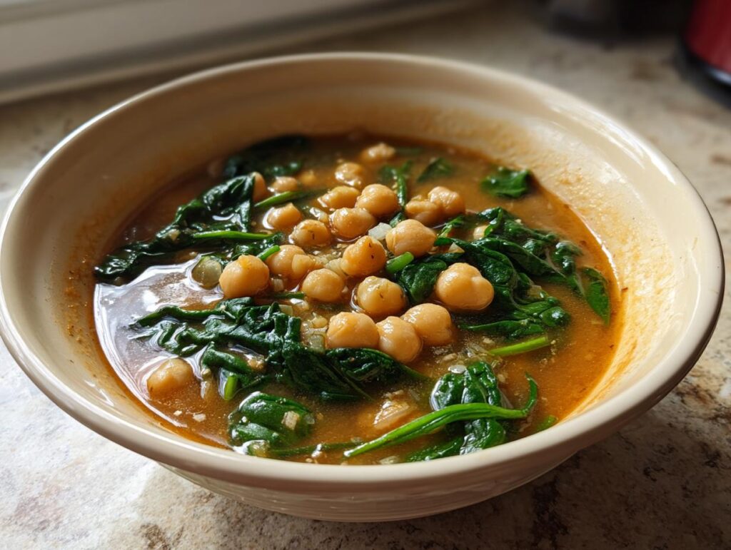 Bowl of Vegan Chickpea & Spinach Soup, a healthy and flavorful meal.