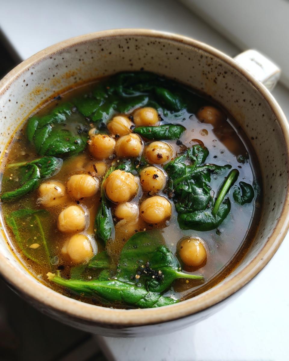 Close-up of a bowl of Vegan Chickpea & Spinach Soup, with chickpeas and spinach visible.
