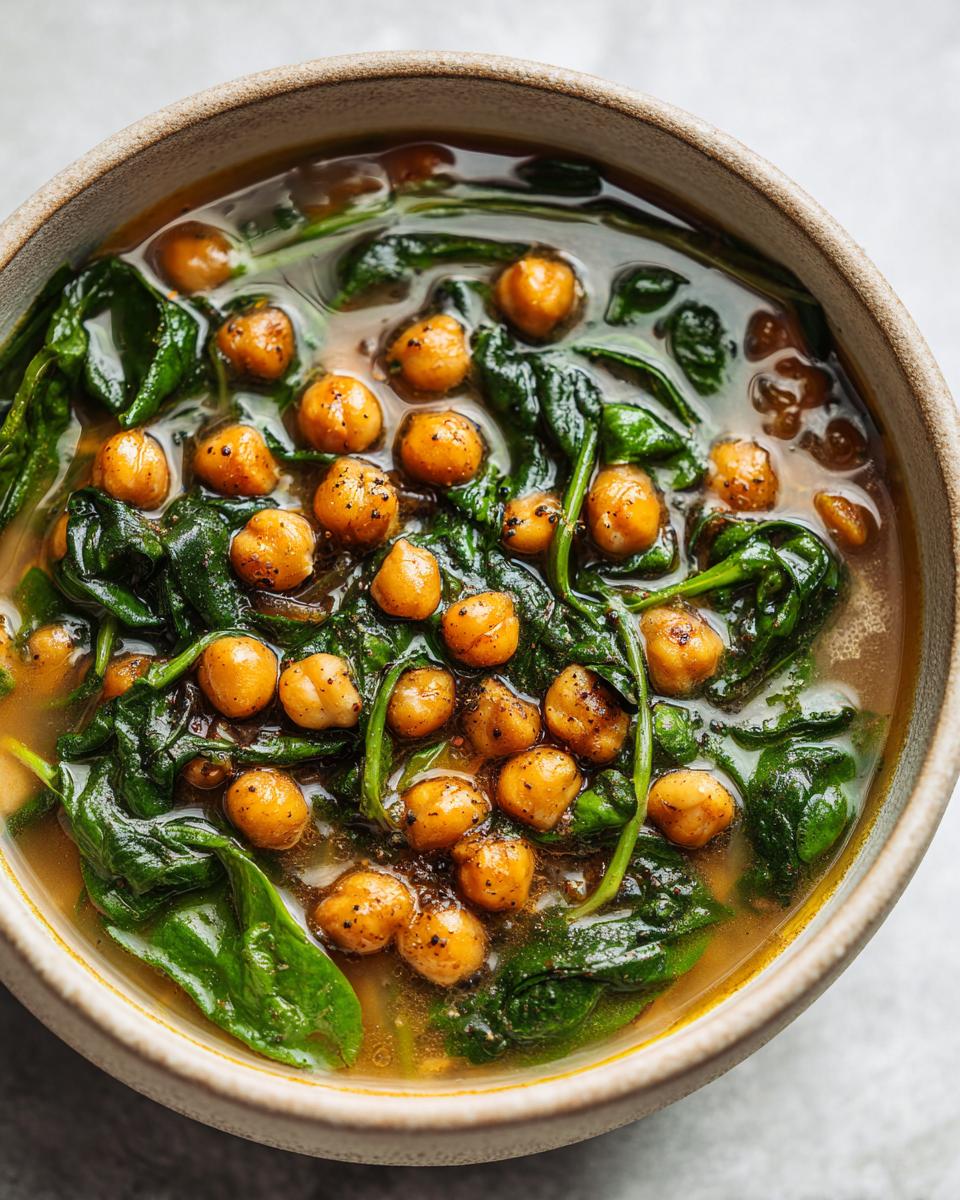 Close-up of a bowl of Vegan Chickpea & Spinach Soup, with chickpeas and spinach in a broth.