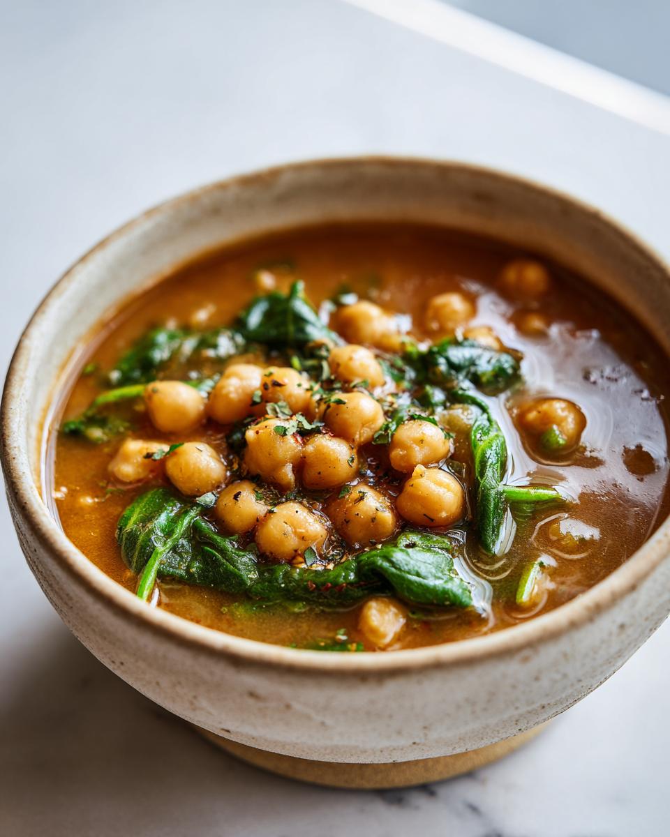 Close-up of a bowl of Vegan Chickpea & Spinach Soup, with chickpeas, spinach, and broth.