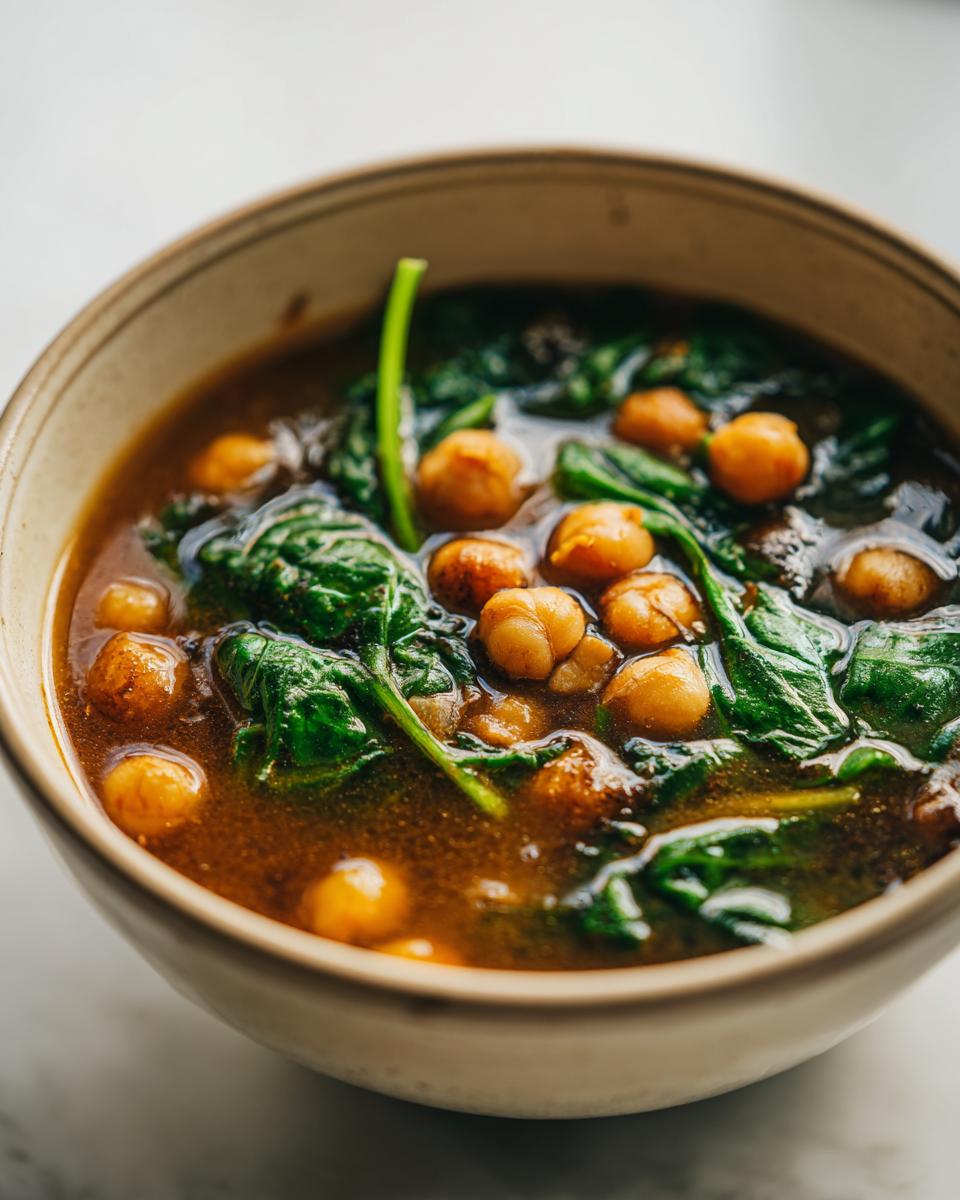 Close-up of a bowl of Vegan Chickpea & Spinach Soup, with chickpeas and spinach visible.