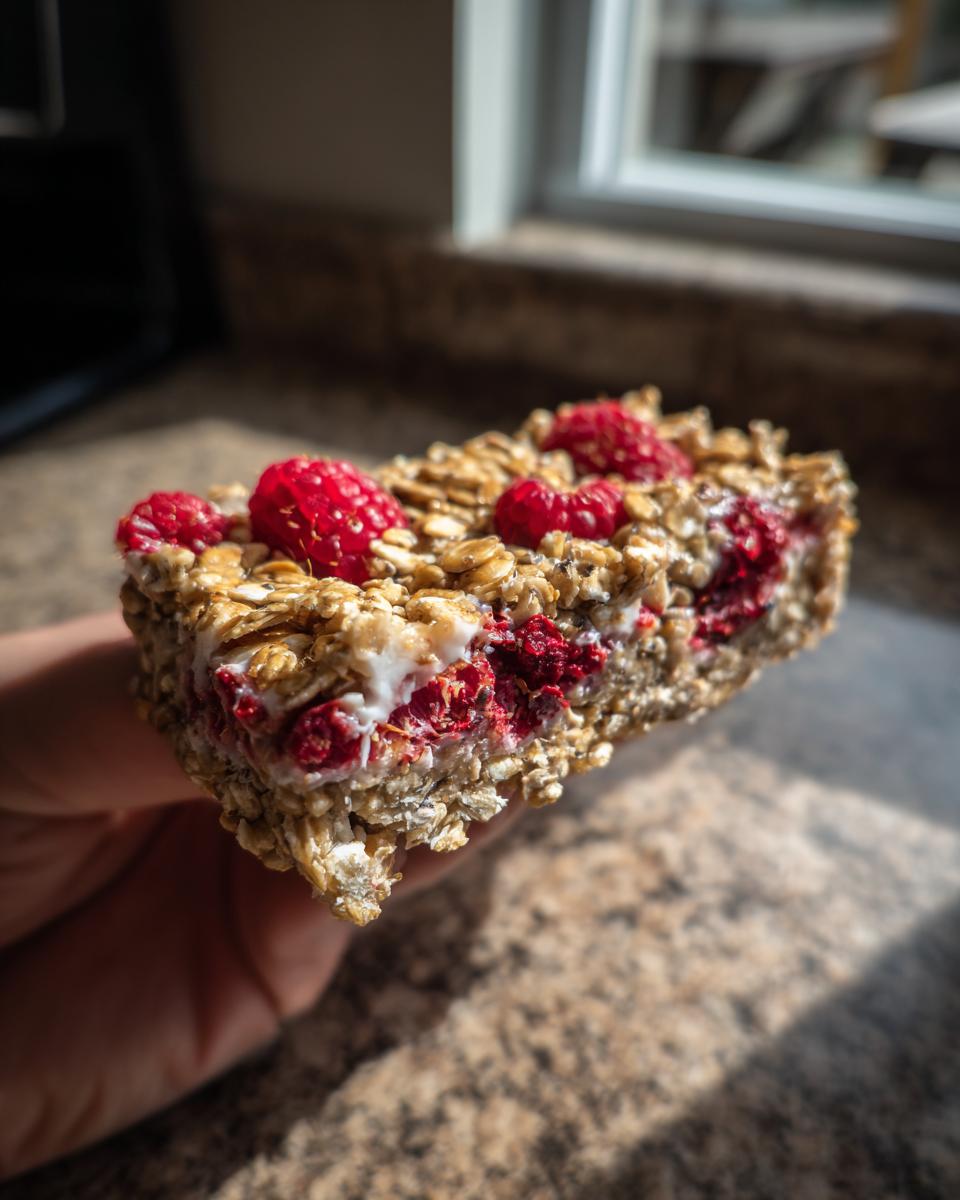 Close-up of a Vegan Raspberry Chia Breakfast Bar, showing layers of oats, raspberries, and chia seeds.