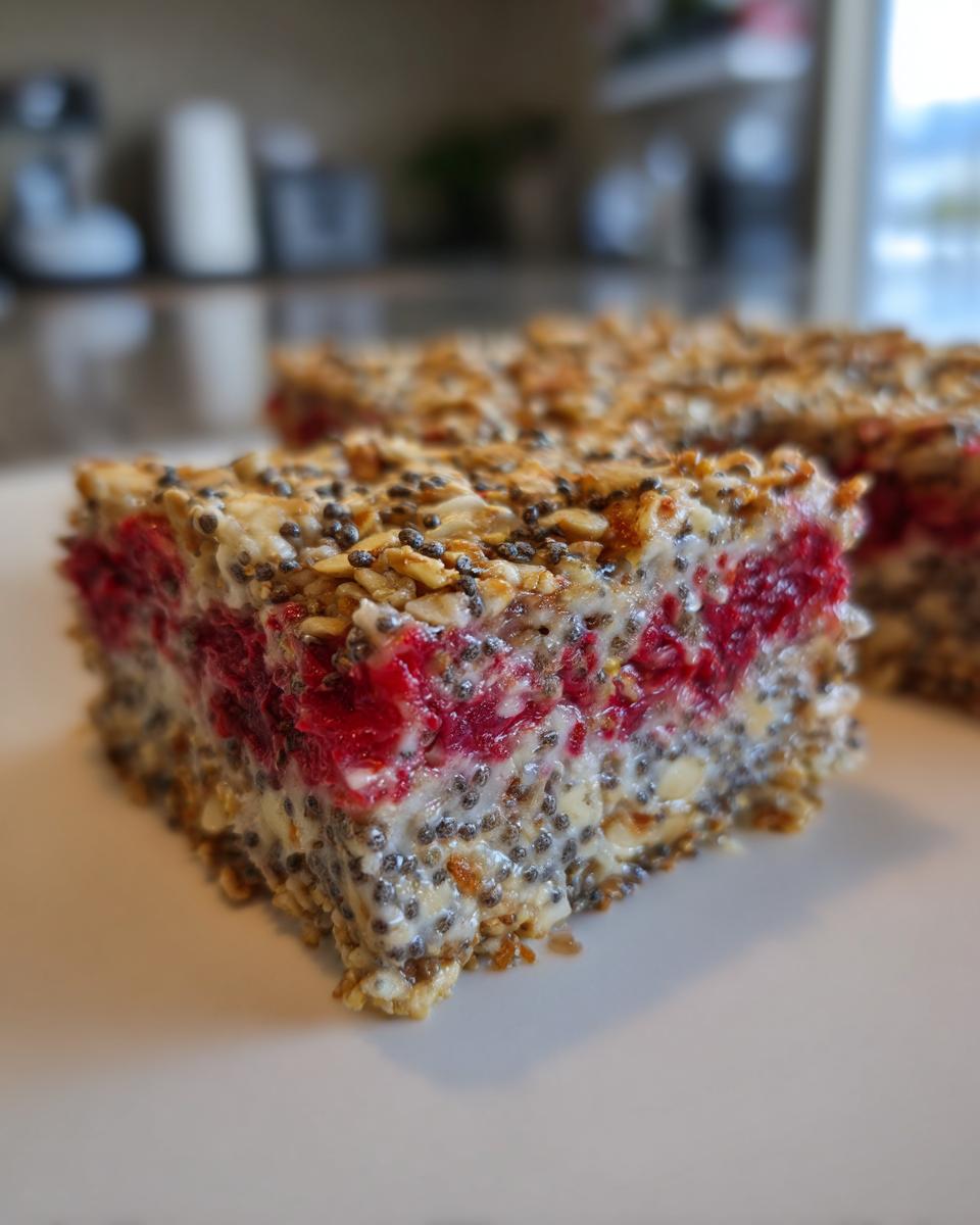 Close-up of a slice of Vegan Raspberry Chia Breakfast Bars.