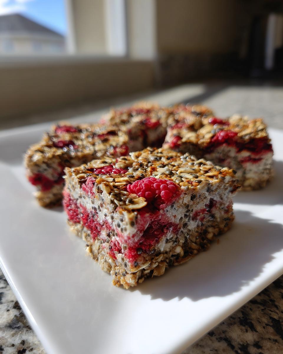 Close-up of Vegan Raspberry Chia Breakfast Bars on a white plate, showing layers of raspberries, oats, and chia seeds.