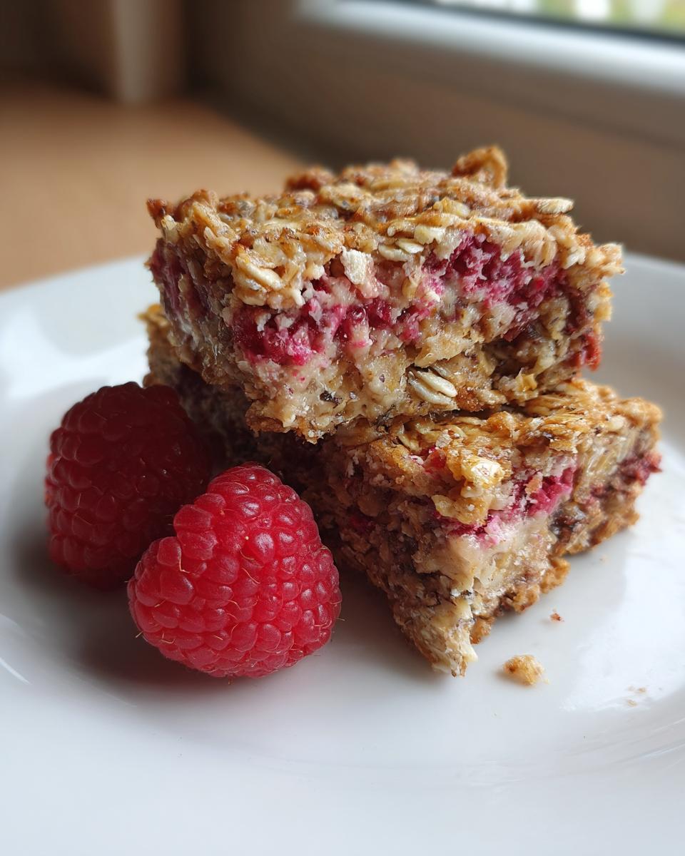 Stack of Vegan Raspberry Chia Breakfast Bars with fresh raspberries on a white plate.
