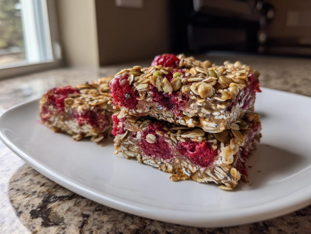 Close-up of stacked Vegan Raspberry Chia Breakfast Bars on a white plate, showing the raspberry filling and oat topping.