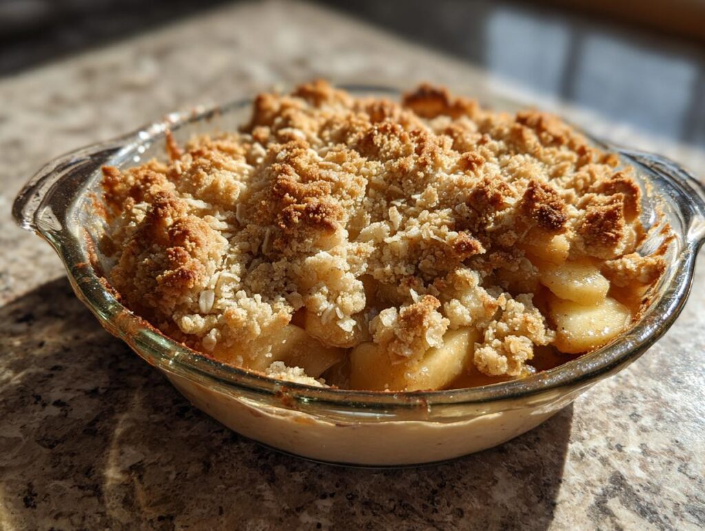A close-up of a warm apple crisp with a golden oat crumble topping in a glass baking dish.
