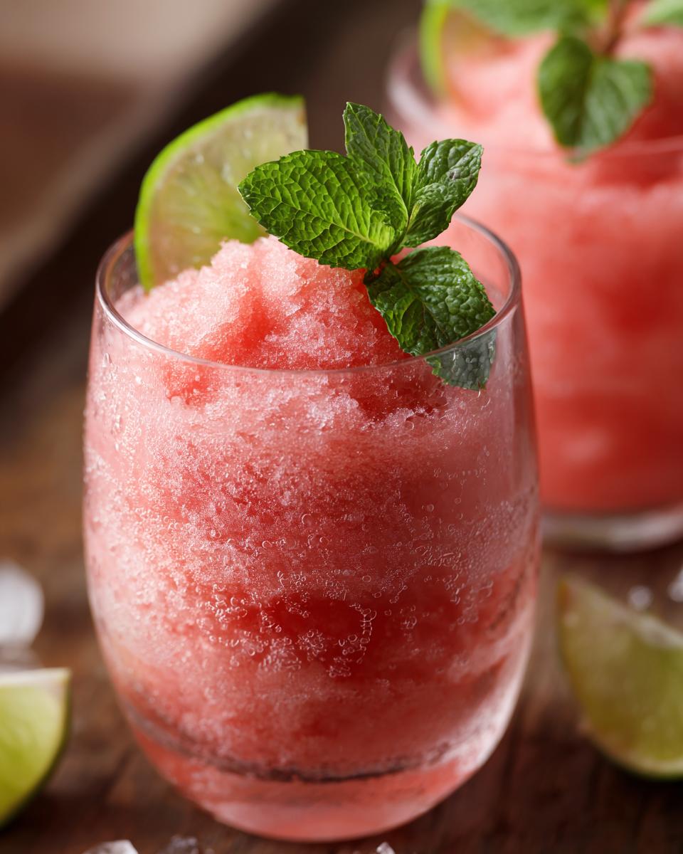 Close-up of a Watermelon Margarita Sorbet Float garnished with lime and mint.