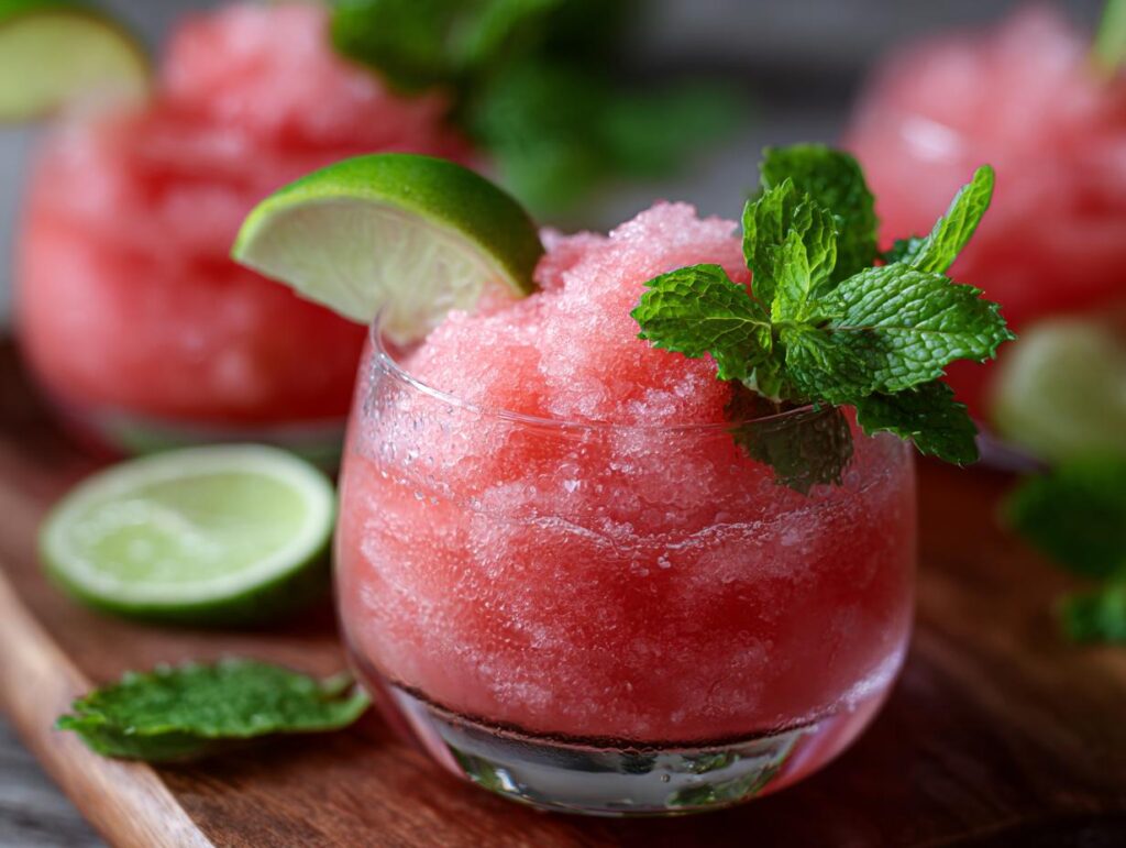 Close-up of a Watermelon Margarita Sorbet Float garnished with mint and lime.