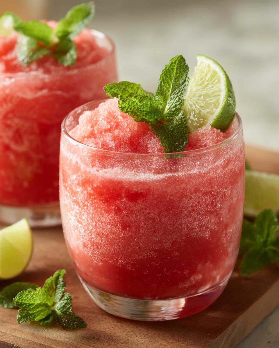 Two glasses of Watermelon Margarita Sorbet Floats garnished with mint and lime.