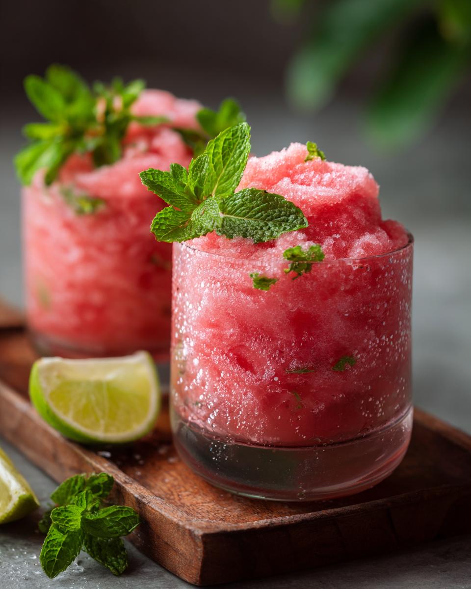 Two glasses of Watermelon Margarita Sorbet Floats, garnished with mint and lime.
