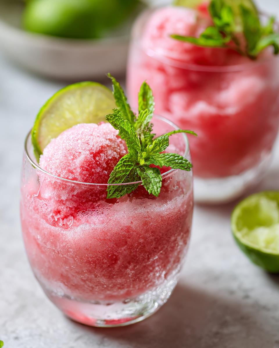 Close-up of Watermelon Margarita Sorbet Floats in glasses, garnished with lime and mint.