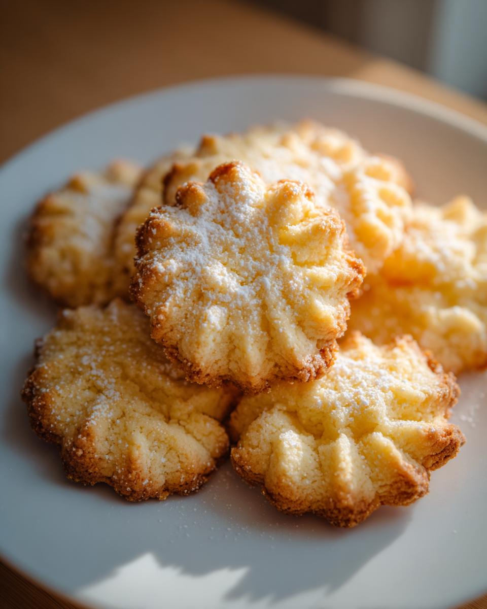 Close-up of delicate Whipped Shortbread Cookies dusted with powdered sugar on a white plate.