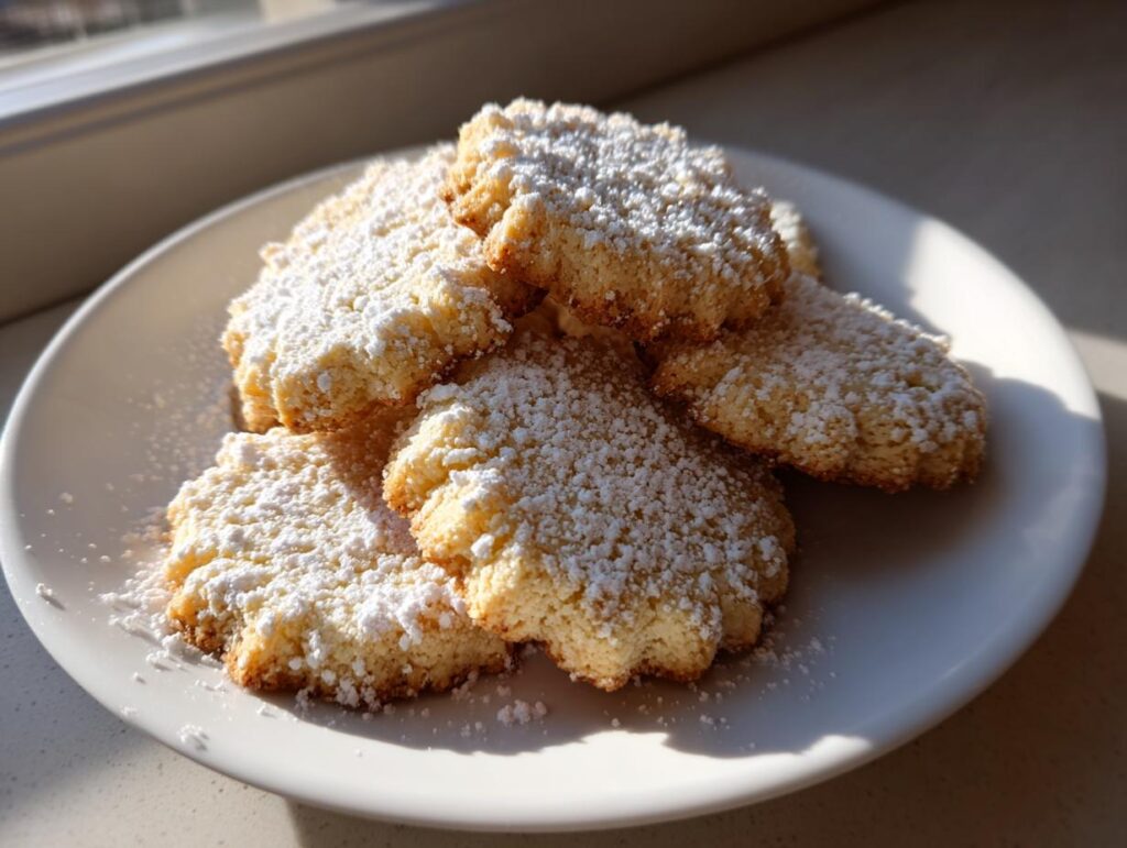 A plate of golden Whipped Shortbread Cookies generously dusted with powdered sugar, bathed in soft sunlight.