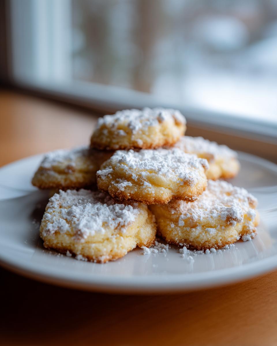 A stack of melt-in-your-mouth Whipped Shortbread Cookies dusted with powdered sugar.