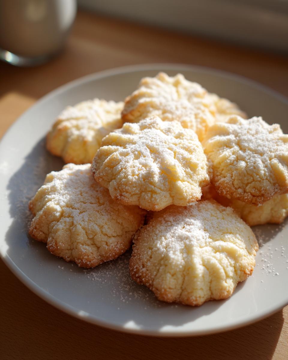 A pile of delicate Whipped Shortbread Cookies dusted with powdered sugar on a light gray plate.