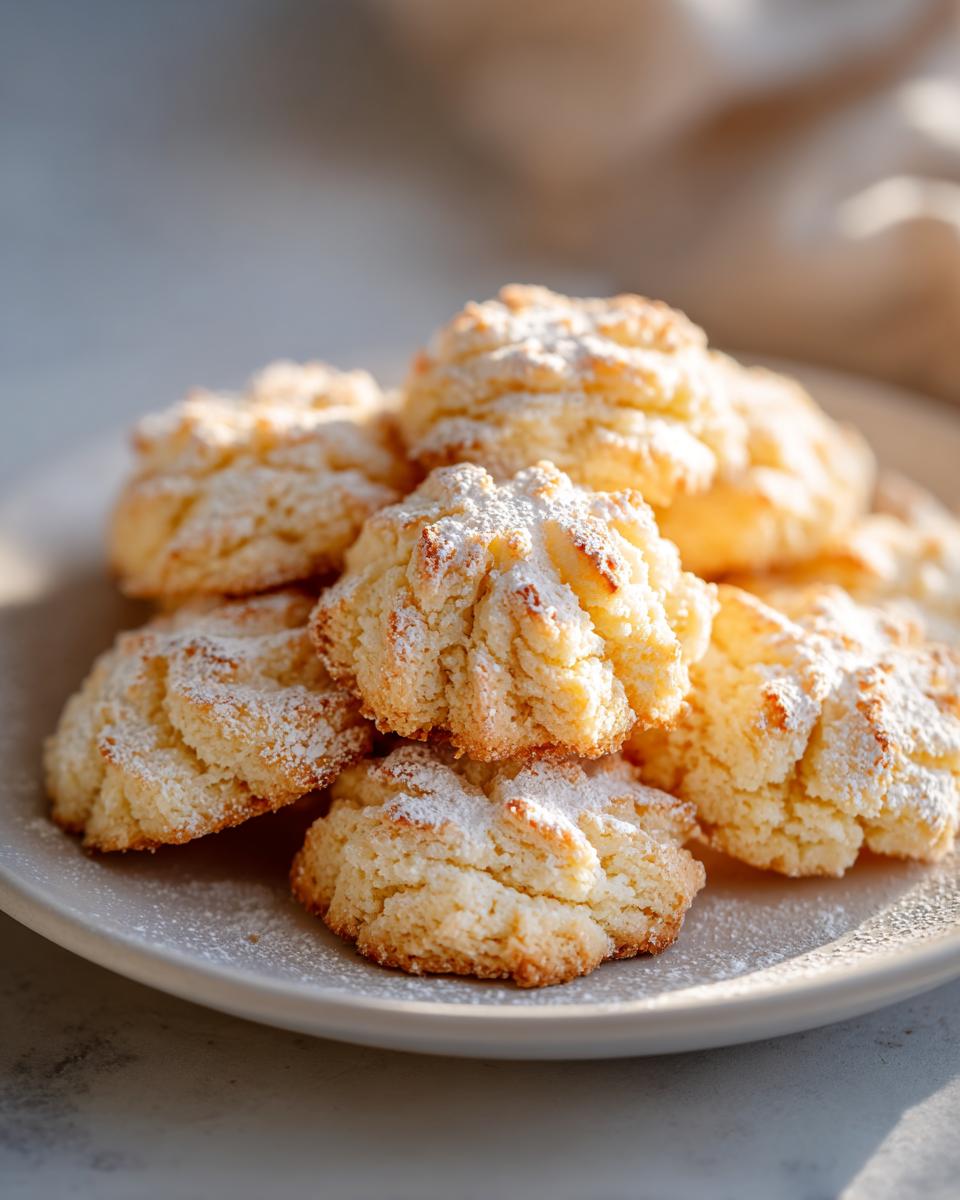 A close-up of a pile of delicate Whipped Shortbread Cookies dusted with powdered sugar.
