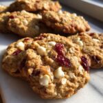 Close-up of freshly baked White Chocolate Cranberry Oatmeal Cookies with white chocolate chips and dried cranberries.