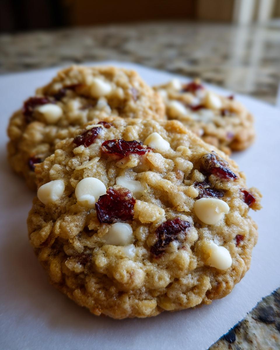 Close-up of three White Chocolate Cranberry Oatmeal Cookies with white chocolate chips and dried cranberries.