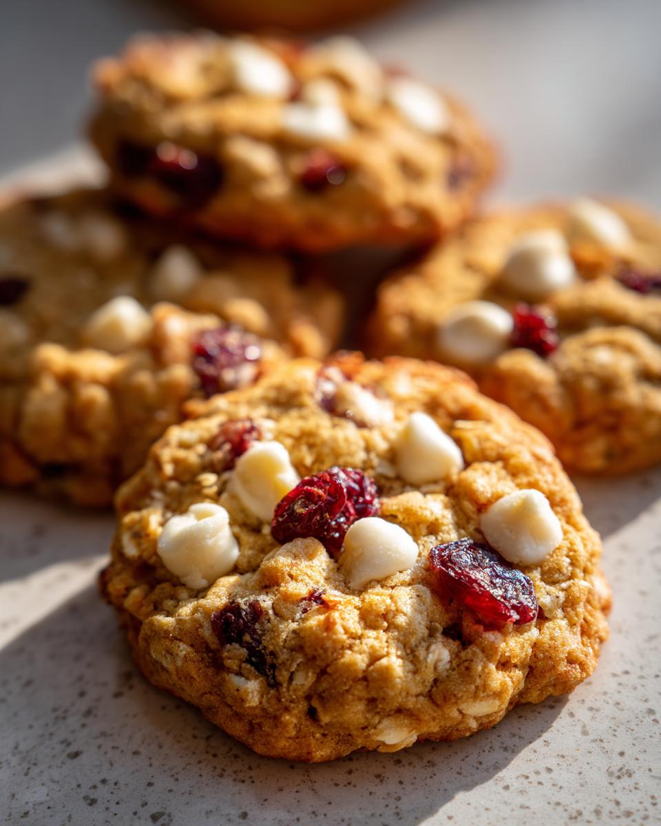 Close-up of freshly baked White Chocolate Cranberry Oatmeal Cookies with white chocolate chips and cranberries.