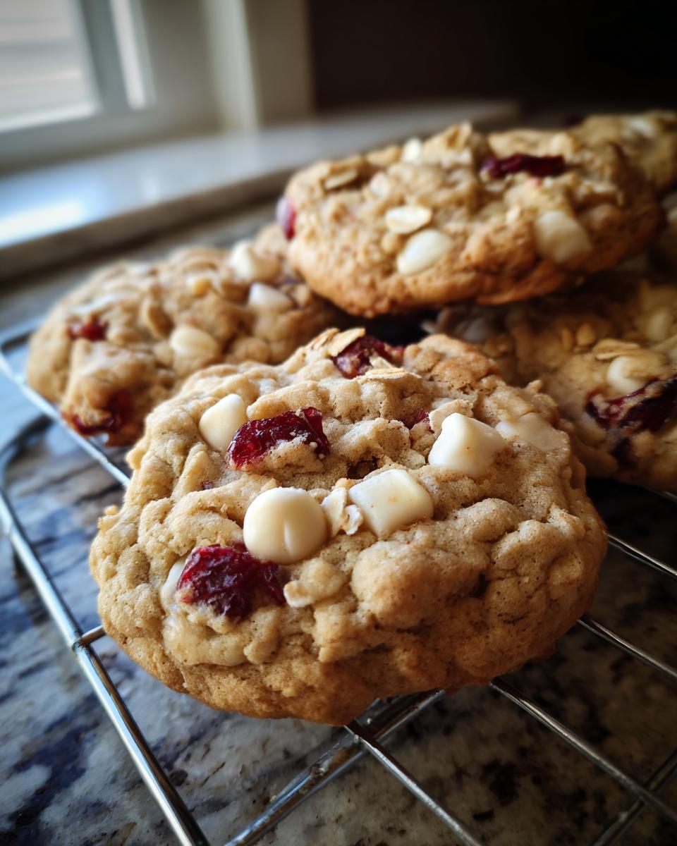 Close-up of freshly baked White Chocolate Cranberry Oatmeal Cookies on a cooling rack.