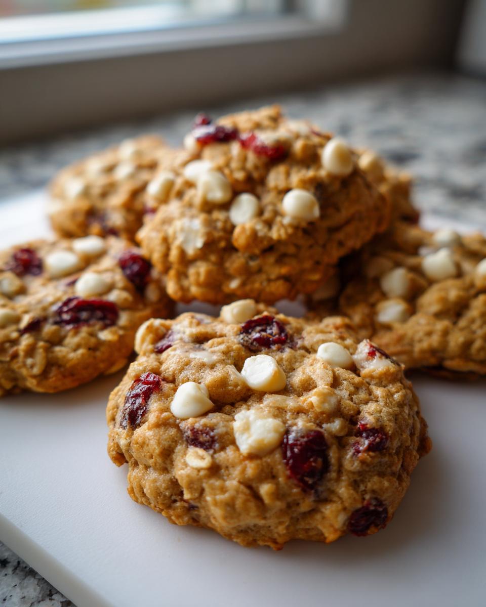 Pile of delicious White Chocolate Cranberry Oatmeal Cookies with white chocolate chips and cranberries.