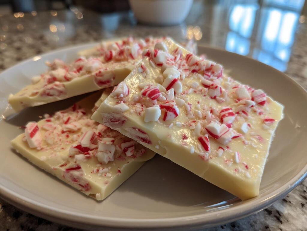 Close-up of white chocolate peppermint bark pieces topped with crushed candy canes on a plate.