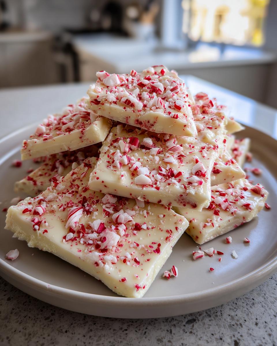 A pile of broken pieces of White Chocolate Peppermint Bark sprinkled with crushed candy canes on a light gray plate.