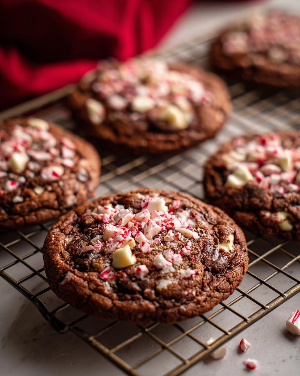 Close-up of several White Chocolate Peppermint Crunch Cookies cooling on a wire rack, with peppermint pieces.