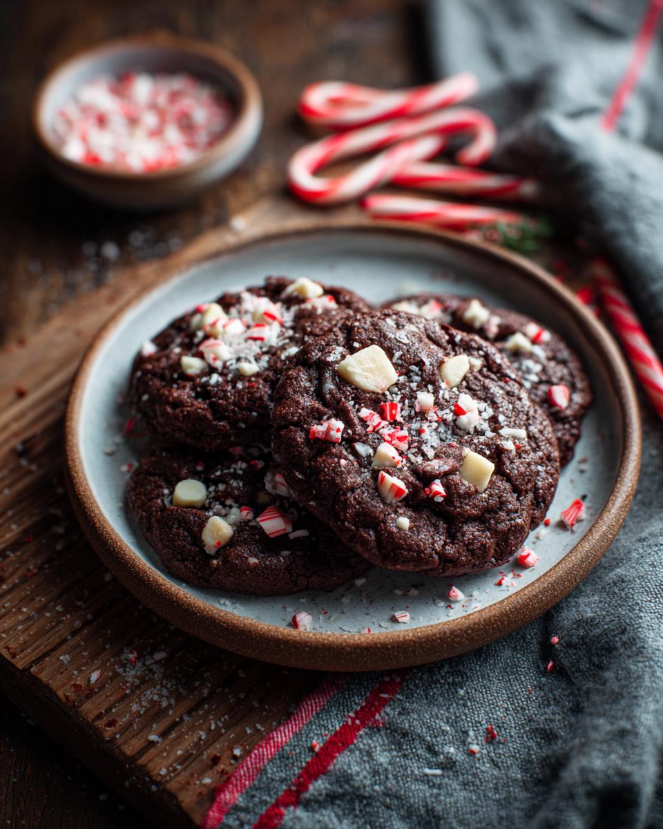 Close-up of White Chocolate Peppermint Crunch Cookies on a plate, with peppermint pieces.