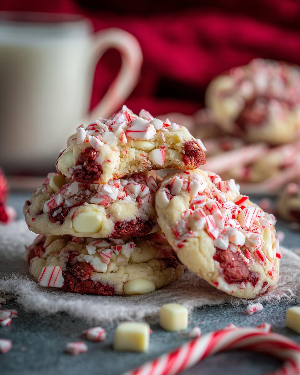 Close-up of a stack of White Chocolate Peppermint Crunch Cookies, with crushed candy canes.