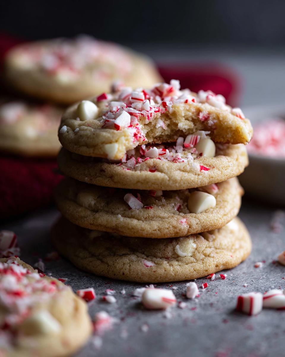 Stack of White Chocolate Peppermint Crunch Cookies with crushed peppermint and white chocolate chips.