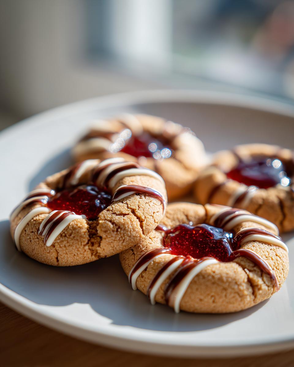 Close-up of White Chocolate Raspberry Thumbprint Cookies on a plate, filled with raspberry jam and drizzled with white and dark chocolate.