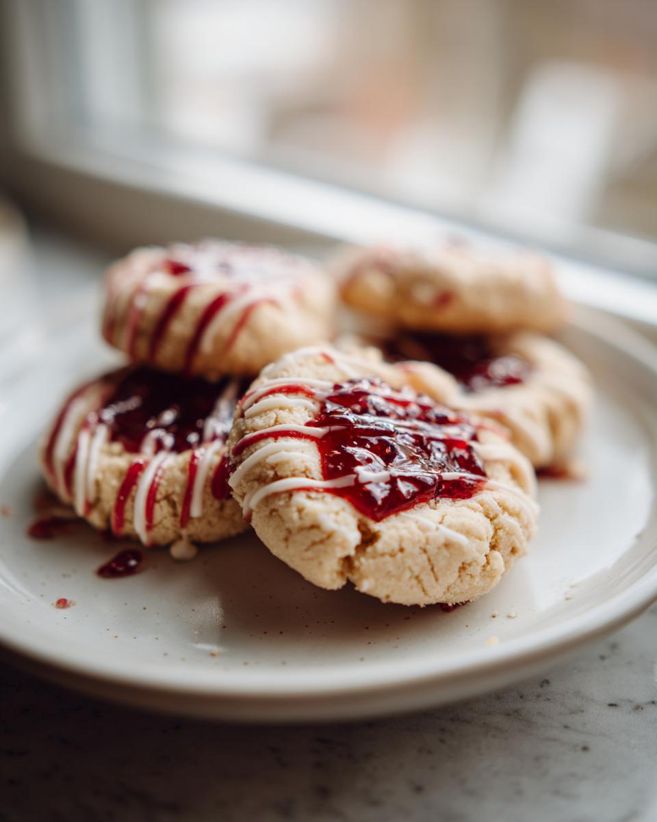 Close-up of White Chocolate Raspberry Thumbprint Cookies on a plate, with raspberry filling and white chocolate drizzle.