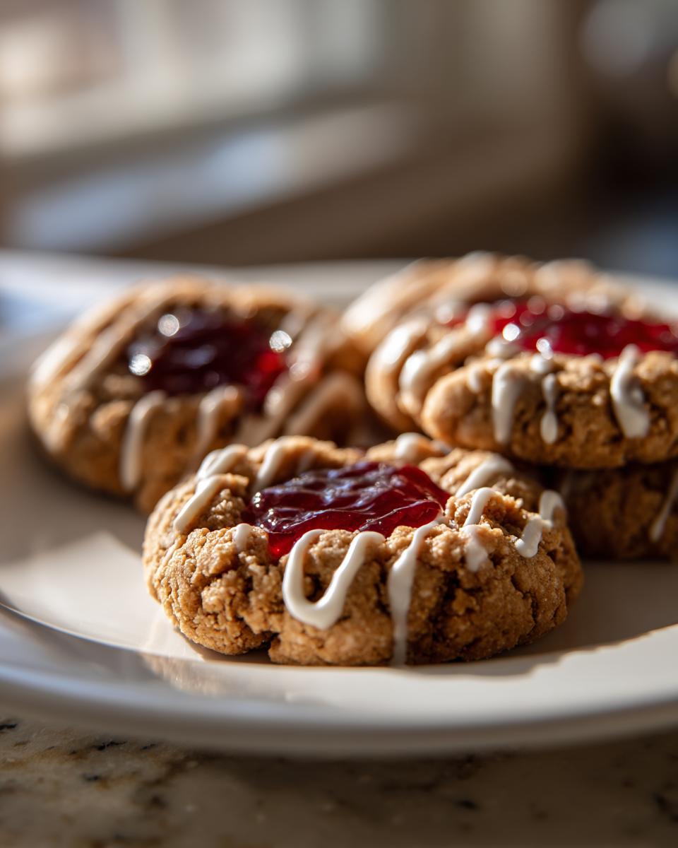 Close-up of White Chocolate Raspberry Thumbprint Cookies on a white plate, with raspberry filling and white chocolate drizzle.
