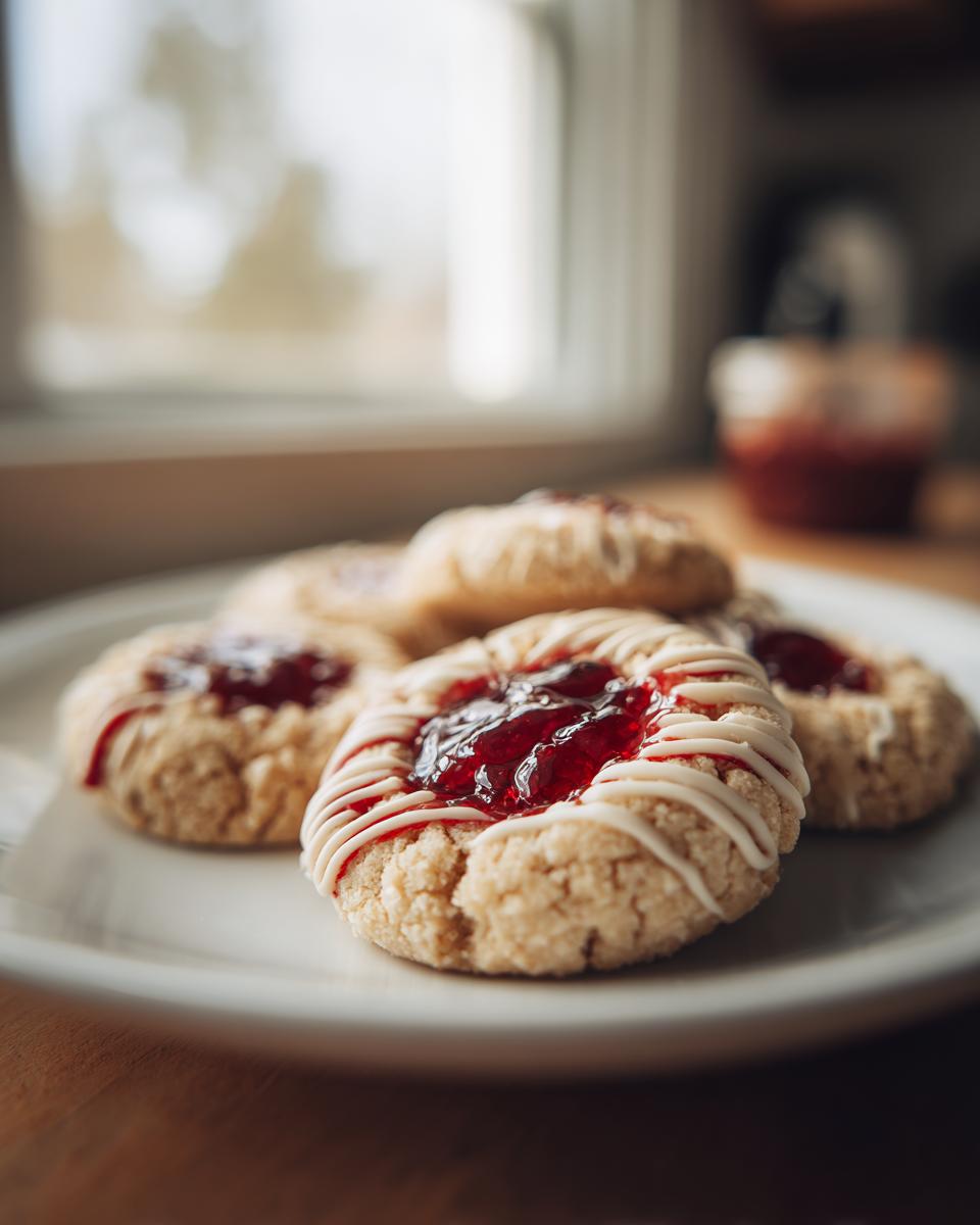 Close-up of White Chocolate Raspberry Thumbprint Cookies on a white plate, filled with raspberry jam.
