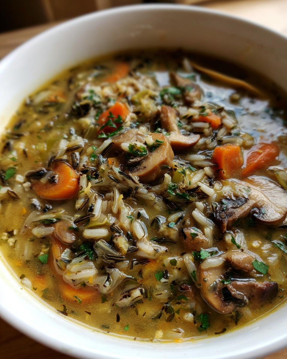Close-up of a bowl of delicious Wild Rice & Mushroom Soup with mushrooms, carrots, and herbs.
